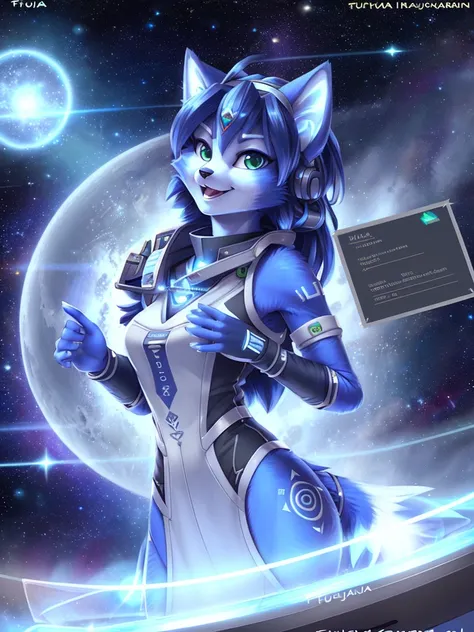 a beautiful and detailed (cute portrait) of ((Krystal)), Star Fox Krystal, skinny, adorable, green eyes, small breasts, spacesuit, typing on holographic computer, cleavage, grin, looking up,, anthro, furry, holographic screen, science fiction, uploaded E62...