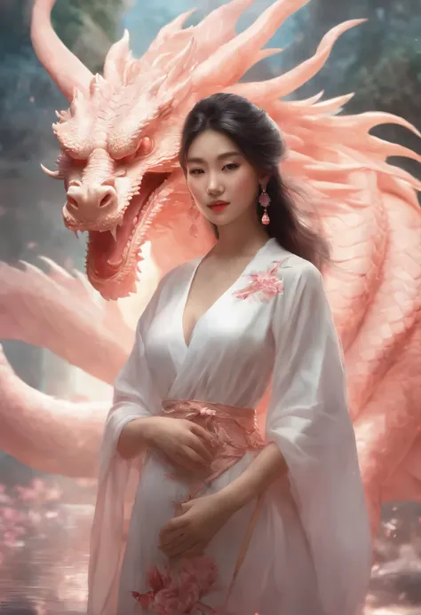 "Very beautiful 3D rendered white Chinese dragon，Representation of dynamics, Vivid effects and details，Top image quality，hight resolution，plethora of colors,　Pile of Coins, Treasure" pregnant woman in white dress with pink dragon painting in background, ar...