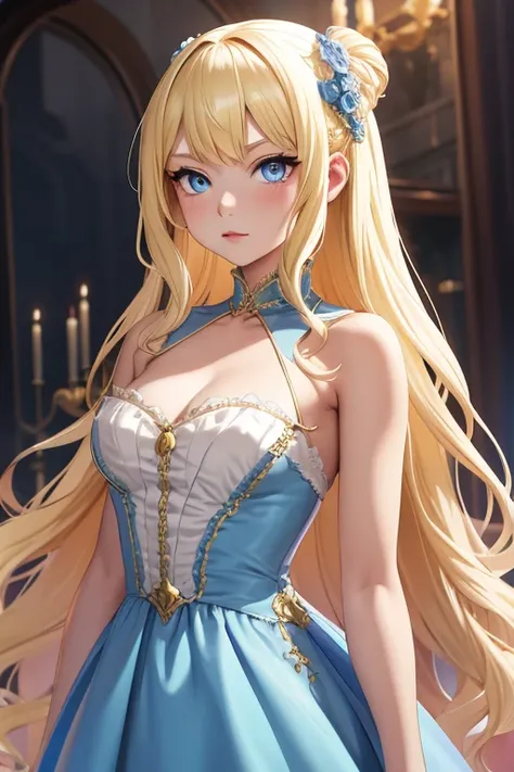 silk rococo dress,villain,noble、blonde blue eyes,A little more adult、long blonde hair,glamorous