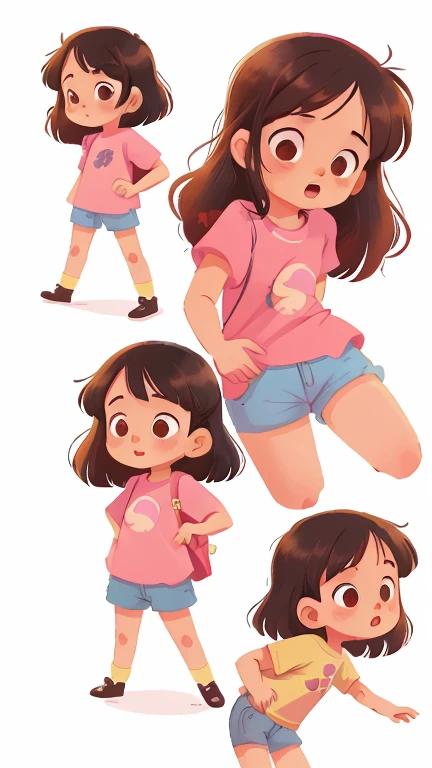 Girl, various poses and expressions on white background, childrens book illustration style, simple, cute, 6 years old, colors, long black hair, plain color, pink short-sleeved shirt, shorts jeans.