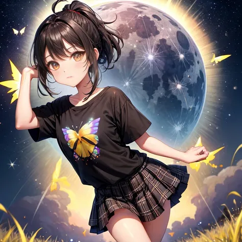 black brown hair、ponytail、Veld&#39;s eyes、one good looking girl、solo、and soul、lightly dressed、plaid mini skirt、black t-shirt、grassland、full moon、Meteors、sparkling starry sky、rainbow butterfly flying、fisheye lens