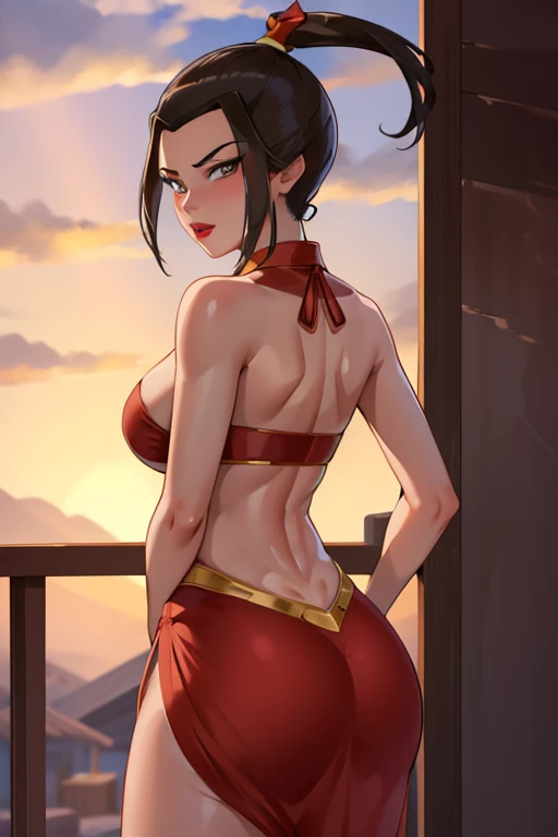 beautiful, masterpiece, best quality, extremely detailed face, perfect lighting, cowboy shot, 1girl, azula, perfect body, big breasts, seductive, lipstick, makeup, ponytail, topknot, turn back, show her butt