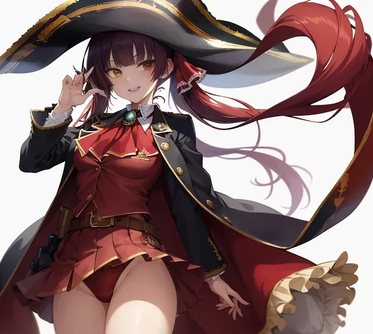 2D, masterpiece, highest quality, anime, very detailed, cowboy shot, 1 girl, alone, Marine_pirate, hair ribbon, red ascot, red skirt, belt, Leotards under clothes, No sleeve, black coat, pirate hat, heterochromia iris, Are standing, straight, enchanting sm...