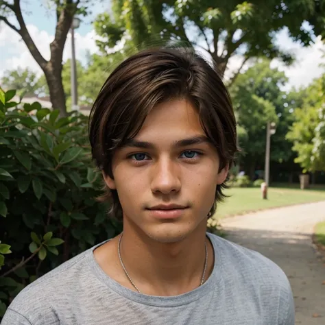 Young man, 16 years old, tanned, short straight brown hair and blue eyes 