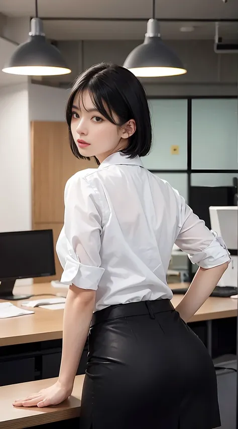 muste piece, one beautiful woman, ,(Japanese Tassie Library Background), (((white shirt))),((()))(((Gray office suit tight skirt and office vest))), (),, (medium breasts), , ,(((short hair))(, , (skin texture:1.1), highest quality, Super high resolution, (...