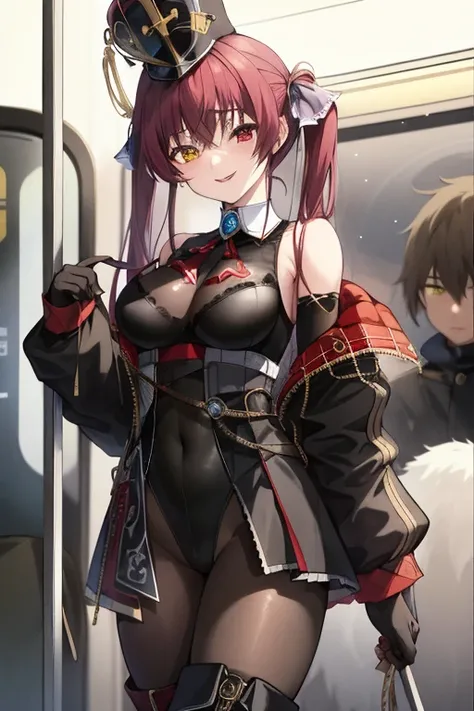 2D, masterpiece, highest quality, anime, very detailed, cowboy shot, 1 girl, alone, Marine_board member, Black leotard, black pantyhose, black gloves, striped hair, thigh boots, red coat, off shoulder, Shako Cap, heterochromia iris, red eyes, yellow eyes, ...