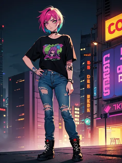 alternative girl,illustration,bright hair,colorful tattoos,piercings,grunge style,edgy makeup,distressed jeans,band t-shirt,vintage boots,fierce expression,confident pose,foggy background,city skyline,neon lights,dark and moody colors,soft ambient lighting