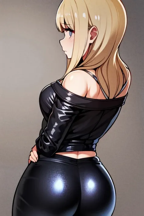 50-year-old Teacher Straight blond hair Leather black pants Satin top