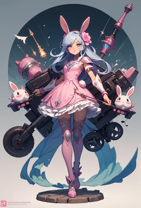 (detailed illustrations,Very detailed and precise drawing,Delicate drawn lines with tempo,Realistic texture expression),[color traced main line],(fantasy world battlefield [burning castle]),(GIRL ROBOT 12yo (pink rabbit [METALFACE[lenticular iris]])) [WEAP...