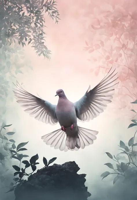 Against a backdrop of a matte gradient transitioning from misty gray to soft blush,a compelling double exposure picture that seamlessly merges the presence of a dove and the wonders of nature. Capture the harmony between the birds form and the natural worl...