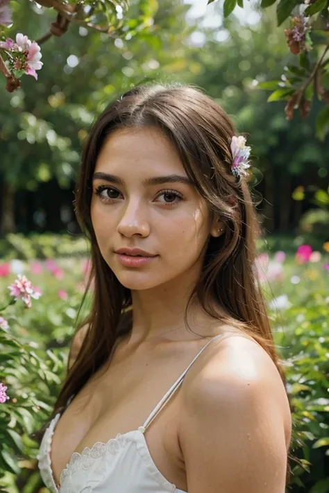 (best quality,ultra-detailed,photorealistic),young latin woman,beautiful eyes,detailed lips,pensive expression,soft lighting,vibrant colors,,long flowing hair,stylish outfit,garden background,colorful flowers,natural sunlight,serene atmosphere