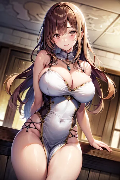 1lady solo, mature female, /(pencil dreslack dress/) necklace, /(brown hair/) bangs, blush kind smile, (masterpiece best quality:1.2) delicate illustration ultra-detailed, large breast, arms down, /(bar counter night/)