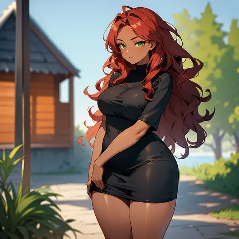 (((Dark Skin Woman))),(((Wearing a cottage style dress))),(((Red wavy hair))),(((Lime green eyes))),(((Curvy body))),(((Alone)))