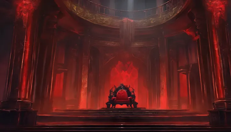 royal hall, a throne, thorn plant, dark light, empty room, gloomy composition, black and red throne, thorn plant around the throne, Close the throne.