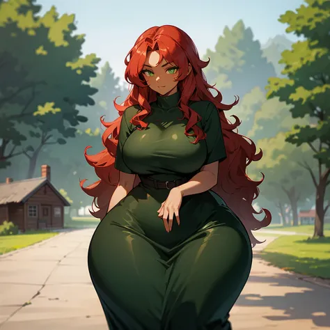 (((Dark Skin Woman))),(((Wearing a cottage style dress))),(((Red wavy hair))),(((Lime green eyes))),(((Curvy body))),(((Alone)))