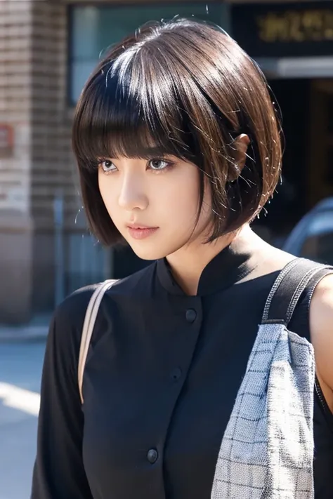 arafed asian woman with short hair and a black shirt, with short hair, with short hair with bangs, short straight hair, princess cut, 黒princess cutヘア, Black-haired Sui Ishida, 白princess cutの髪型, with short straight brown hair, black short curtain haircut, w...