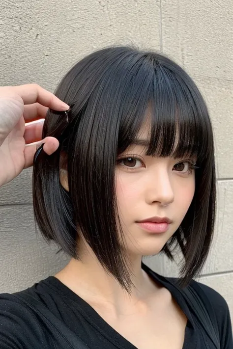 arafed asian woman with short hair and a black shirt, with short hair, with short hair with bangs, short straight hair, princess cut, 黒princess cutヘア, Black-haired Sui Ishida, 白princess cutの髪型, with short straight brown hair, black short curtain haircut, w...