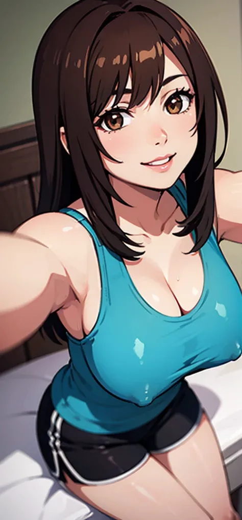 realistic, 1girl, selfie, body close together, looking up, cleavage emphasis, smiling, face extra large zoom, sitting on bed, sexy, (brown eyes), (bare shoulders), (covered nipples), (camisole), (dolphin shorts)