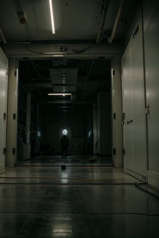 wide shot of the inside of a military lab, big room, a pod with a figure in the middle, eerie mood, many technical machines, many cables running through the room, unsettling atmosphere
