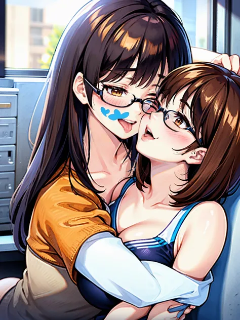 nsfw,(masterpiece, best quality:1.2)2girls, locker room, AND 2girls, gray sports bra, smile, eye closed ,kissing her face,out tongue,dark orange hair, short waviy hair, brown eyes, glasses,yuri AND 2girls, pink bra, smile, eye closed,kissing her face,out t...