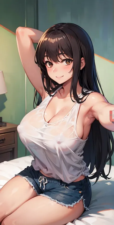 realistic, 1girl, selfie, body close together, looking up, cleavage emphasis, smiling, face extra large zoom, sitting on bed, sexy, (brown eyes), (bare shoulders), (covered nipples), (camisole), (dolphin shorts)