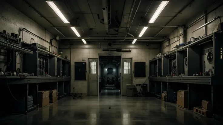 wide shot of the inside of a military lab, big room, a pod with a figure in the middle, eerie mood, many technical machines, many cables running through the room, unsettling atmosphere
