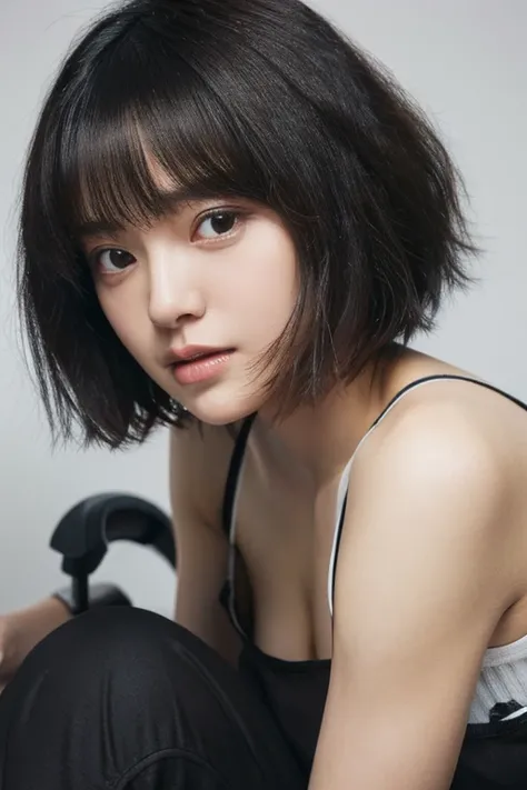 arafed asian woman with short hair and a black shirt, with short hair, with short hair with bangs, short straight hair, princess cut, 黒princess cutヘア, Black-haired Sui Ishida, 白princess cutの髪型, with short straight brown hair, black short curtain haircut, w...