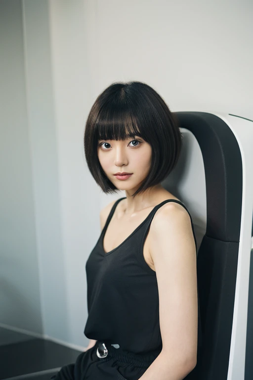 arafed asian woman with short hair and a black shirt, with short hair, with short hair with bangs, short straight hair, princess cut, 黒princess cutヘア, Black-haired Sui Ishida, 白princess cutの髪型, with short straight brown hair, black short curtain haircut, w...