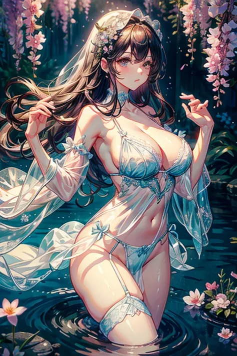 Flowers bloom by the water、weeping cherry blossoms、wisteria flowers、water reflection!!!!!、sheer lingerieを着てポーズをとるアラフィフの女性写真、lingerie beauty、Intricate and detailed lace set、Wearing sexy see-through lingerie、garter belt、push up underwire。complex, captivating...