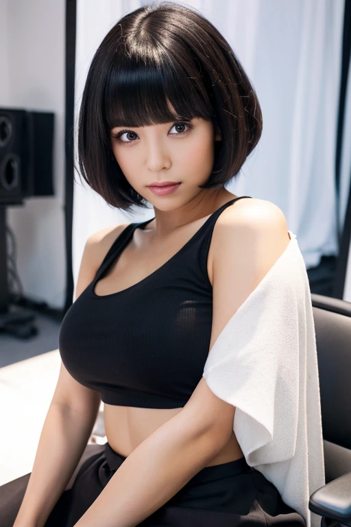 big boobs,riding machine, spread legs. arafed asian woman with short hair and a black shirt, with short hair, with short hair with bangs, short straight hair, princess cut, 黒princess cutヘア, Black-haired Sui Ishida, 白princess cutの髪型, with short straight bro...