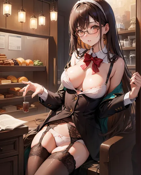 1人の女性、brown haired、Brown eyes、Black-rimmed glasses、 Best Quality、ultra-detailliert、8K resolution、Raw photo、masutepiece、gorgeous faces、Perfect body、schools、Blazer Uniform, bound wrists,　 lingerie, (garter belt:1.3)、torture