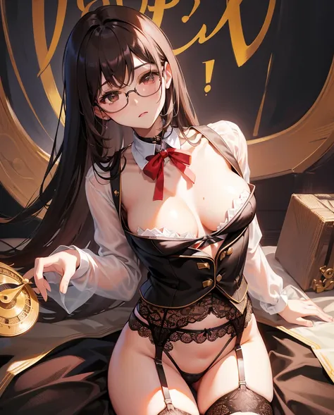 1人の女性、brown haired、Brown eyes、Black-rimmed glasses、 Best Quality、ultra-detailliert、8K resolution、Raw photo、masutepiece、gorgeous faces、Perfect body、schools、Blazer Uniform, bound wrists,　 lingerie, (garter belt:1.3)、torture