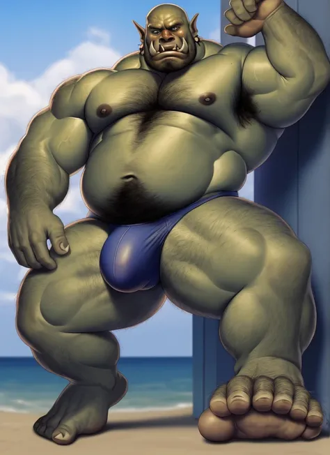 humanoid, orc, pecs, muscular male, looking at viewer, tusks, detailed speedo, big underwear bulge, sweaty, really hairy, hairy chest, hairy belly, hairy arms, hairy legs, hairy armpits, musky armpits, big hairy feet