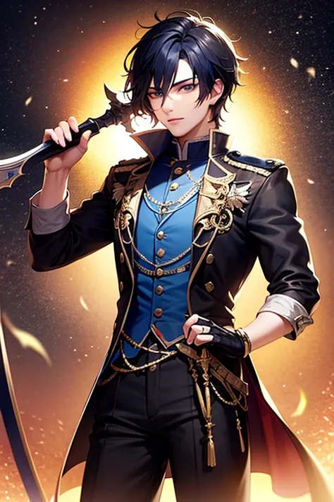 Ludwig Azure, a 19 year old man, who has black hair with blue mixed in, he has a sword, and gives off an aura that resembles stars