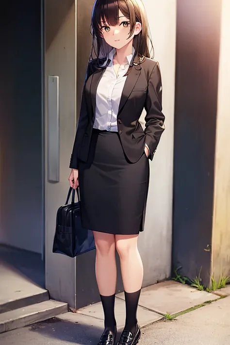 1girl, sayu ogiwara, suit, office lady, black skirt, black blazer, pencil skirt, long skirt, white shirt, collared shirt, long h...