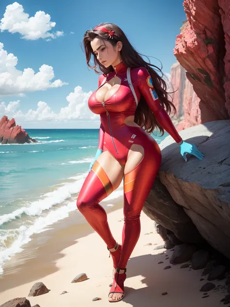 mujer cautivadora, encantadora, vestida de un leotardo rojo, entre grandes rocas cerca del mar, colocha, cameltoe
