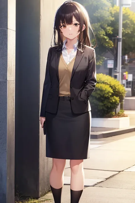 1girl, sayu ogiwara, suit, office lady, black skirt, black blazer, pencil skirt, skirt suit, long skirt, white shirt, collared shirt, long hair, teenager, looking at viewer, full body