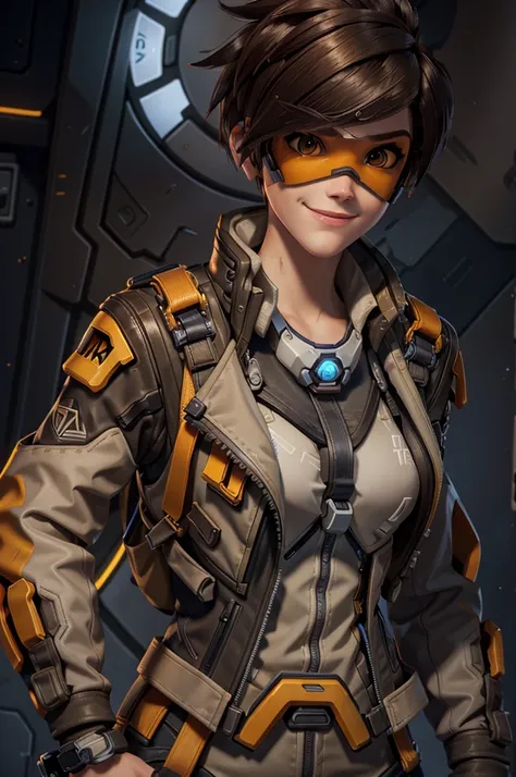 tracerover, 1girl, tracer (overwatch), solo, orange goggles, brown hair, goggles, short hair, spiked hair, brown eyes, upper bod...