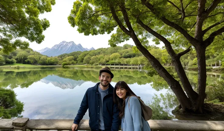 there a man and a woman taking a selfie by the water, lovely pareja, pareja, wpol y sarasti, en un parque y junto a un lago, powder Nándor Katona, barabas miklos y holosy simon, en un parque de la ciudad, con un parque al fondo, happy pareja, foto tomada e...