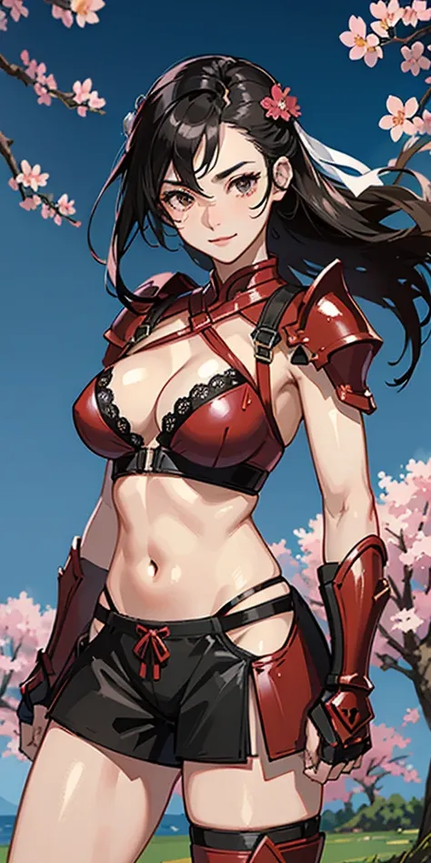 (masterpiece), best quality, expressive eyes, perfect face, ((crimson armor)), black hair, closed smile, athletic body, slim figure, lace bikini, thong, exposed midriff, large breasts, cleavage, fishnets, watercolor, sakura blossom background. thunder ligh...