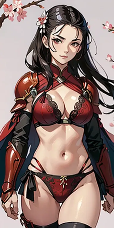 (masterpiece), best quality, expressive eyes, perfect face, ((crimson armor)), black hair, closed smile, athletic body, slim figure, lace bikini, thong, exposed midriff, large breasts, cleavage, fishnets, watercolor, sakura blossom background, katana 