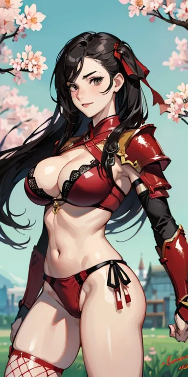 (masterpiece), best quality, expressive eyes, perfect face, ((crimson armor)), black hair, closed smile, athletic body, slim figure, lace bikini, thong, exposed midriff, large breasts, cleavage, ((fishnets)), watercolor, sakura blossom background