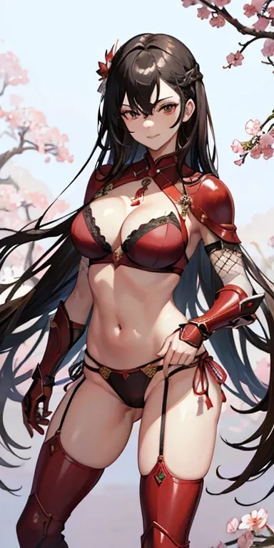 (masterpiece), best quality, expressive eyes, perfect face, ((crimson armor)), black hair, closed smile, athletic body, slim figure, lace bikini, thong, exposed midriff, large breasts, cleavage, ((fishnets)), watercolor, sakura blossom background