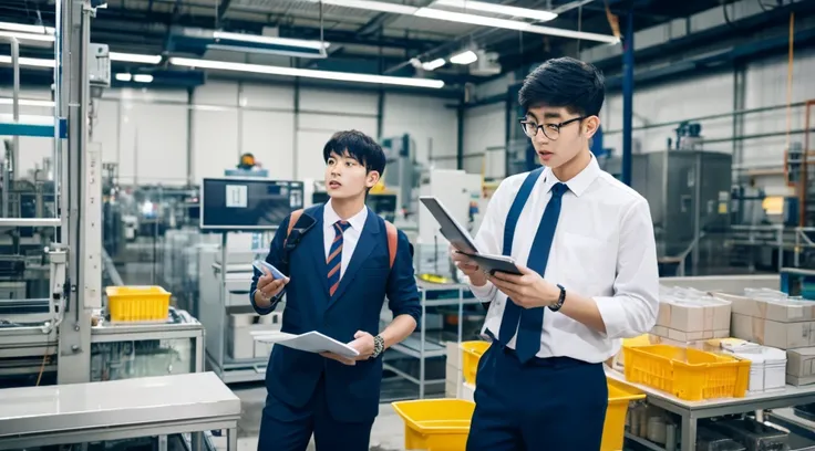 A leader addresing his team in a factory 