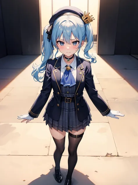 Suisei Homa Town, blue eyes, blue hair, choker, hair between eyes, medium hair, side ponytail, star choker, 
break ascot, asymmetrical legwear, belt, beret, black gloves, blue ascot, blue belt, blue bow, blue choker, bow, button, choker, collared shirt, cr...