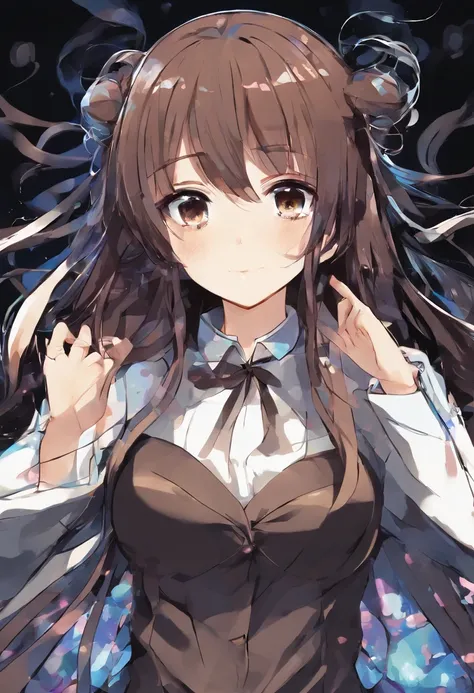 Girl in dark closed clothes, Brown hair, looking into the camera, frowns, anime style, shiny black background