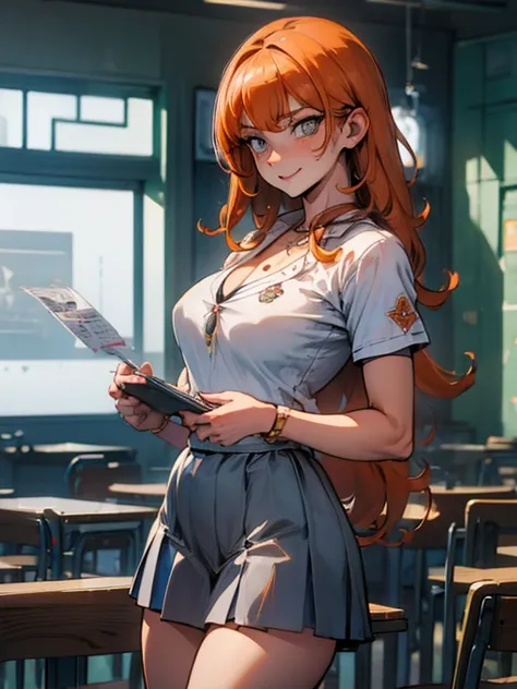 rangikumatsumoto, rangiku matsumoto, long hair, (grey eyes:1.5), orange hair, mole, mole under mouth, parted bangs, smile,
BREAK skirt, shirt, cleavage, jewelry, school uniform, pleated skirt, necklace, chain, collar, short sleeves, grey skirt, white shirt...