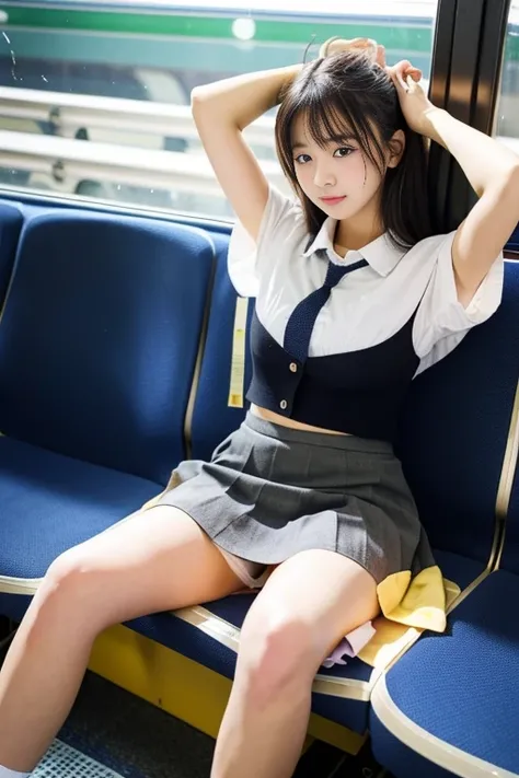 ((highest quality)), ((masterpiece )), 18 year old real Japanese beautiful high school girl、beautiful thighs、exposing small cleavage、Mini skirt 40cm above the knee、school uniform、Inside the train、open your legs wide、sit with your knees up on the seat、horiz...