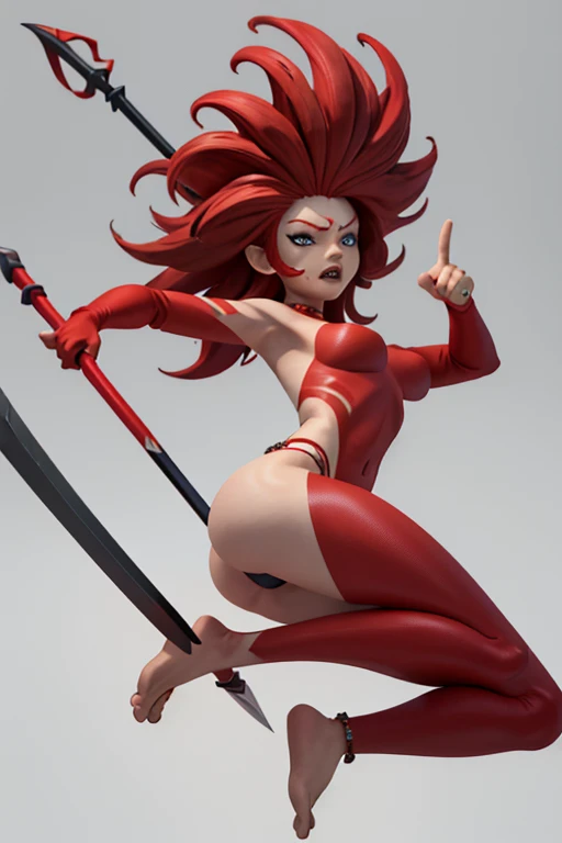 1 jumping woman, Red skin, red haired, dressing tribal clothes, magic helmet that covers her eyes,  eyes covered, eyes hidden, curved feet, pointing a spear, pointy spear top, curve spear bottom, (masterpiece), best quality, Absurdres, high res, ultrasharp...