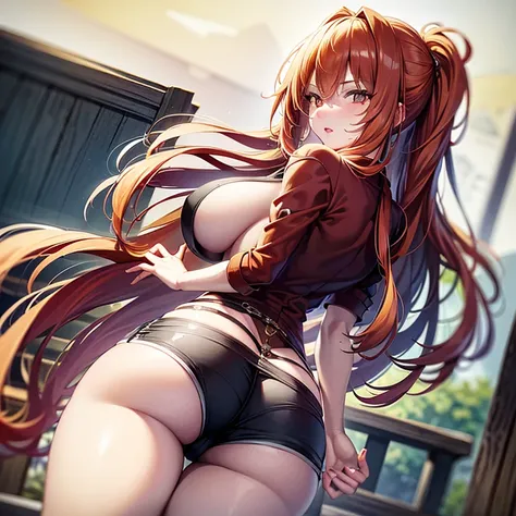 Best quality, 8k, Masterpiece :1.3)), woman, 1girl, (slender figure :1.2), long blood red hair, red hair, long hair, (outdoor, shirt, shorts :1.2), ultra-detailed face, detailed lips, detailed eyes, double eyelid,( boobs1.3), l clear face, symmetrical face...